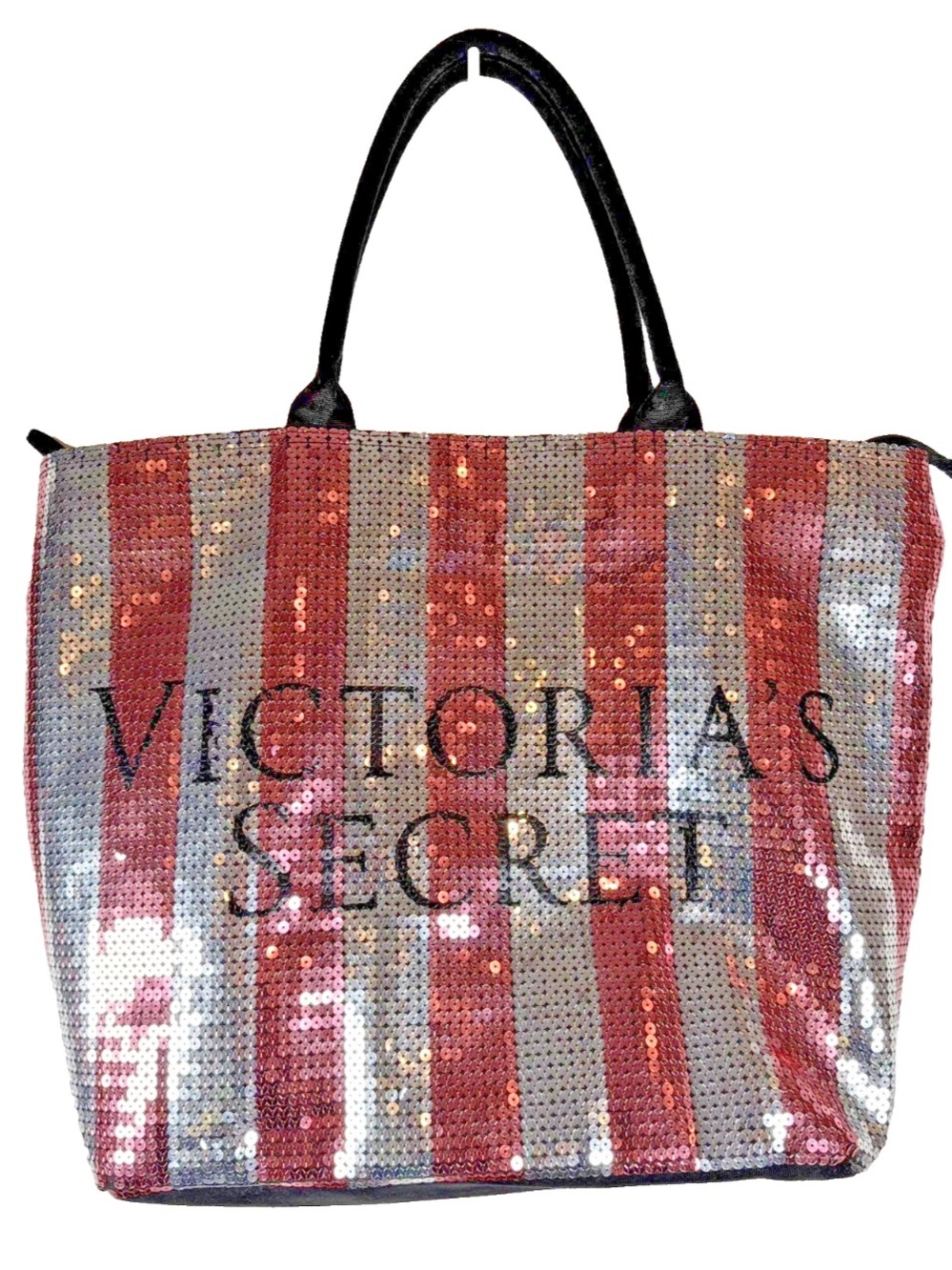 Victoria’s Secret Pink & Silver Stripe Sequin Tote Weekender Bag Limited Edition